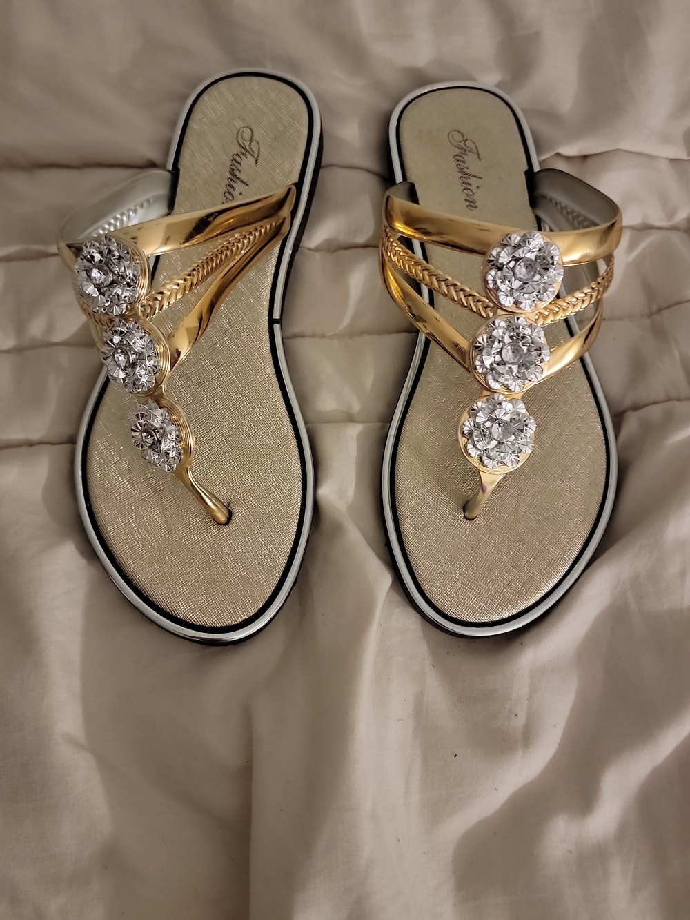 SHEIN Gold Jeweled Thong Sandals with Clear Crystals